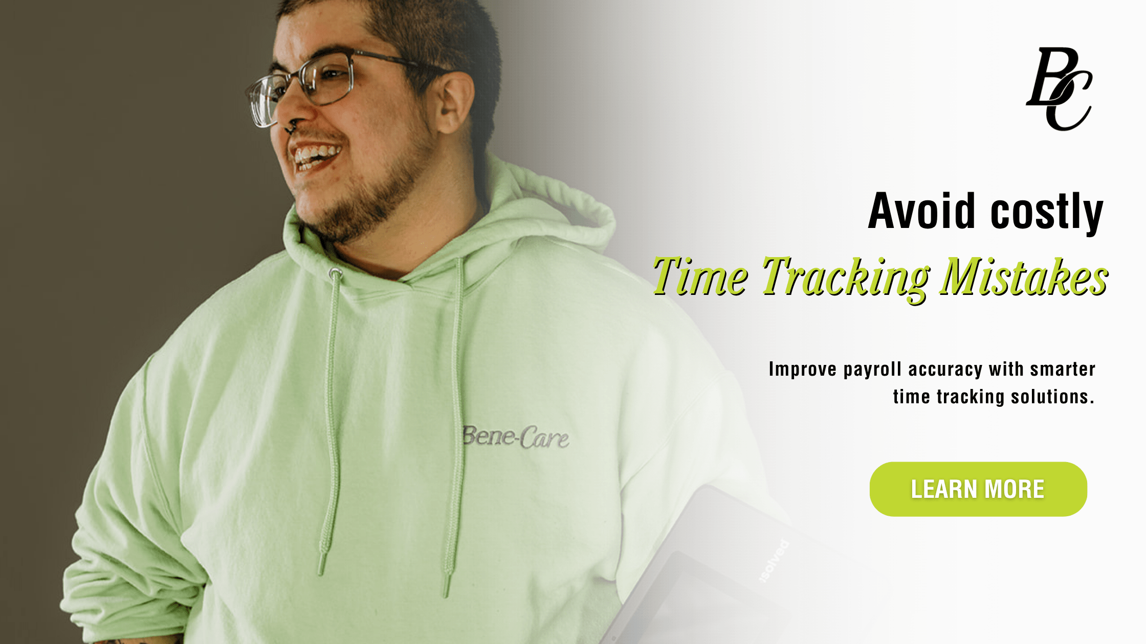 Time Tracking Mistakes Employers Make opt-in banner promoting Bene-Care Time & Attendance solutions.